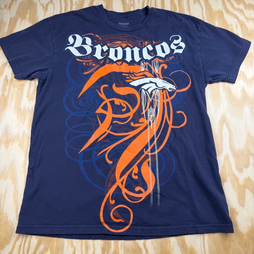Reebok Denver Broncos T Shirt Mens Large Navy Blue Y2K Graphic Tee NFL Football